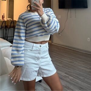 Altar'd State Blue and White Cropped Striped Crewneck Sweater